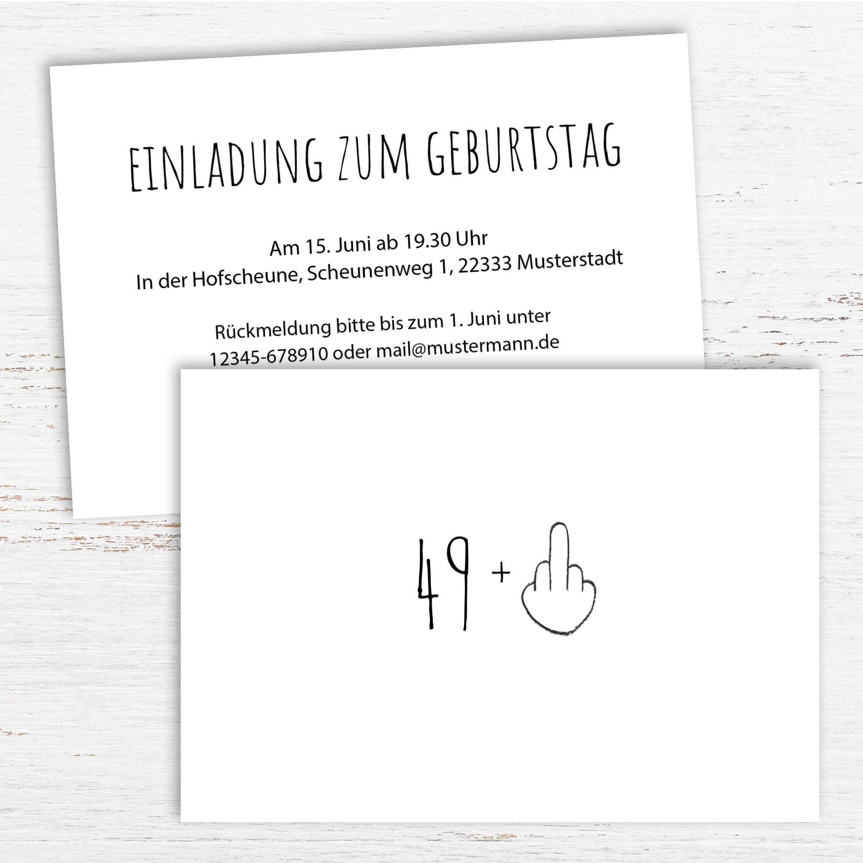 Einladung zum 50. Geburtstag: 49+ Mittelfinger – 50? Nicht mit mir!